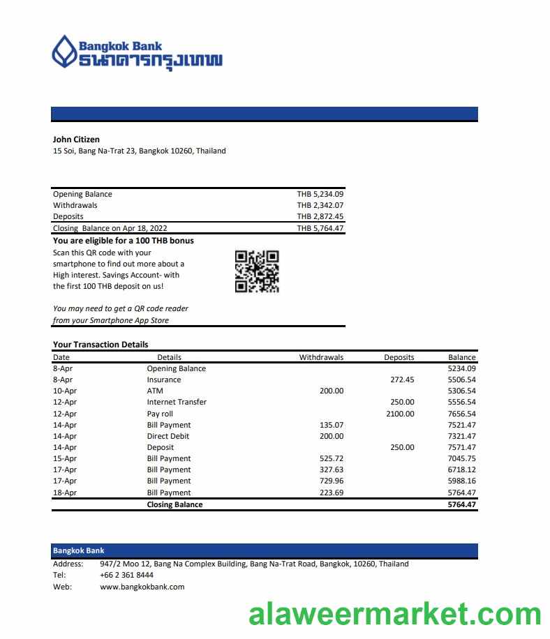 Thailand Bangkok bank statement, Excel and PDF template
